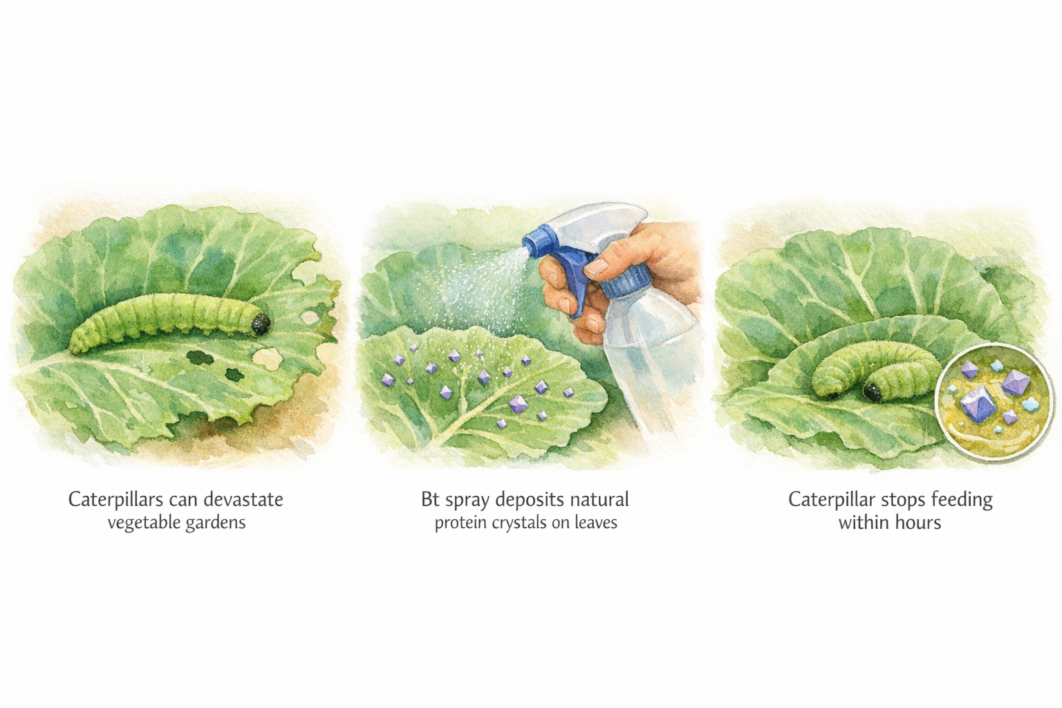 Three-panel diagram: left shows a Bt bacterium with crystal protein inclusions forming during sporulation; centre shows a caterpillar eating a leaf, crystal proteins entering its alkaline gut and destroying the gut lining; right shows the caterpillar stopped feeding while a bee on a flower is unaffected