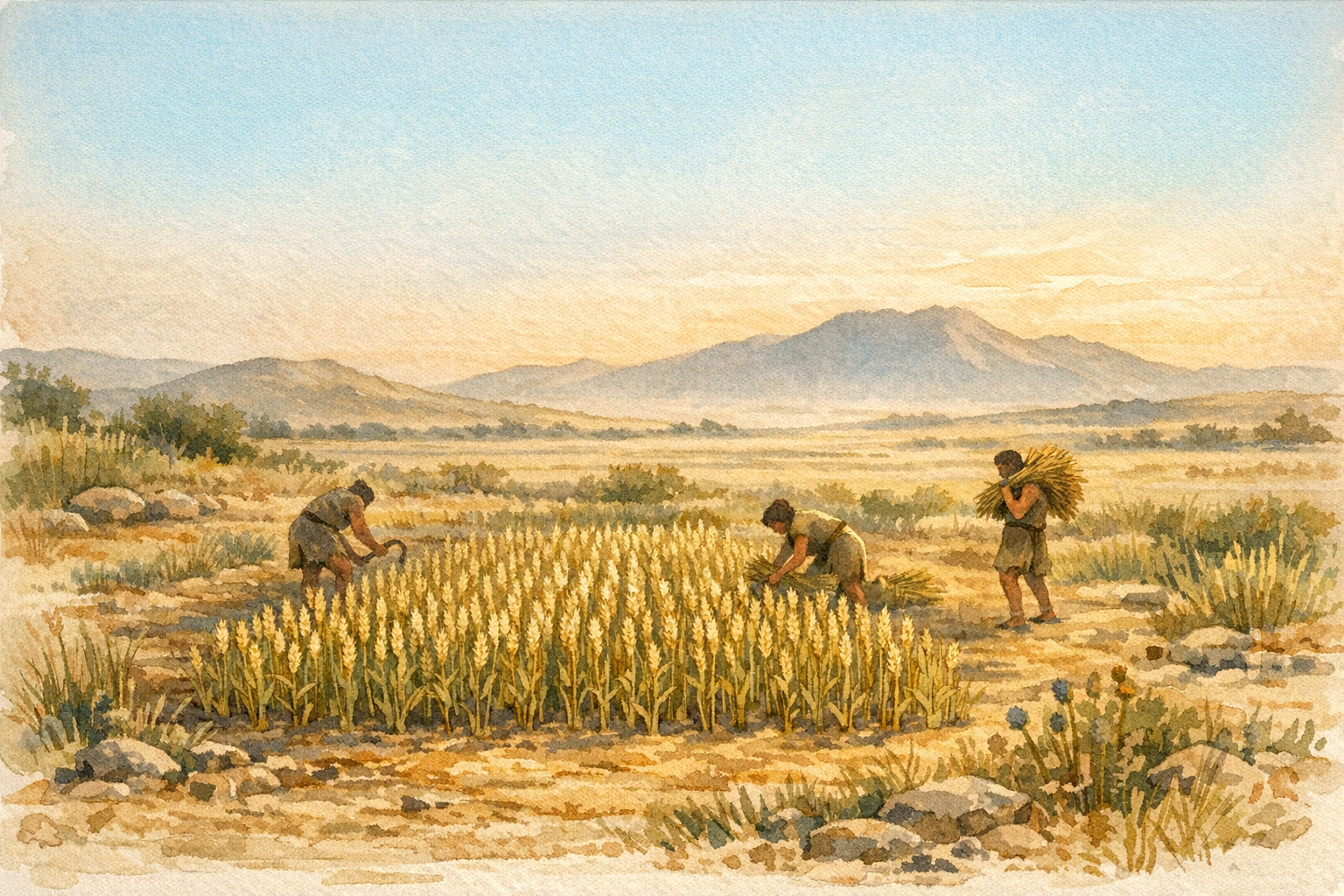 Watercolour scene of early einkorn cultivation in southeastern Turkey: a small ordered patch of wheat on dry volcanic foothills at dawn, with harvesters and wider wild grassland beyond